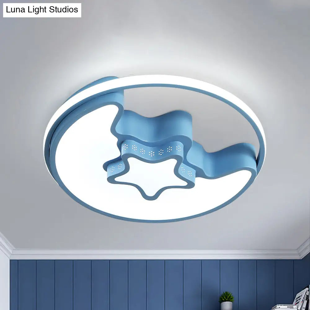 Nordic Led Ceiling Fixture With Moon And Star Flush Mount Spotlight: White/Pink/Blue Acrylic Shade