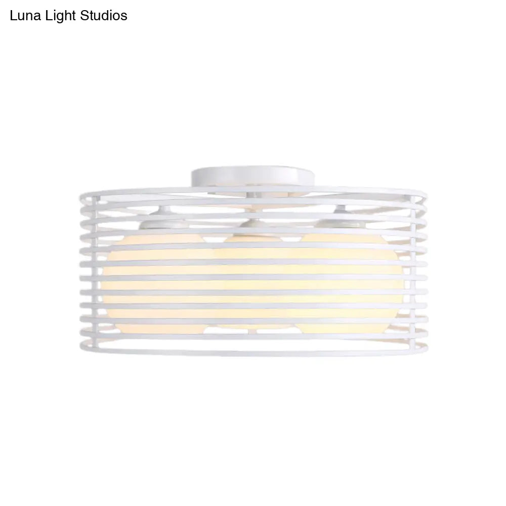 Nordic Metal 3 - Light Semi Flush Mount Lamp With Round Iron Cage For Bedroom Ceiling - Black/White
