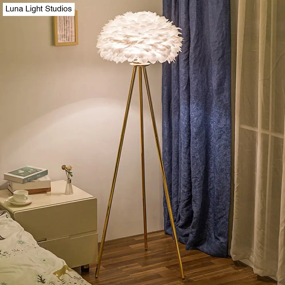 Nordic Style Feather Dome Bedside Floor Lamp - Brass Tripod 1 Head