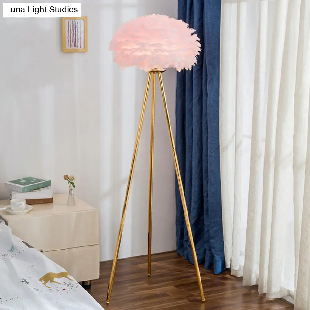 Nordic Style Feather Dome Bedside Floor Lamp - Brass Tripod 1 Head