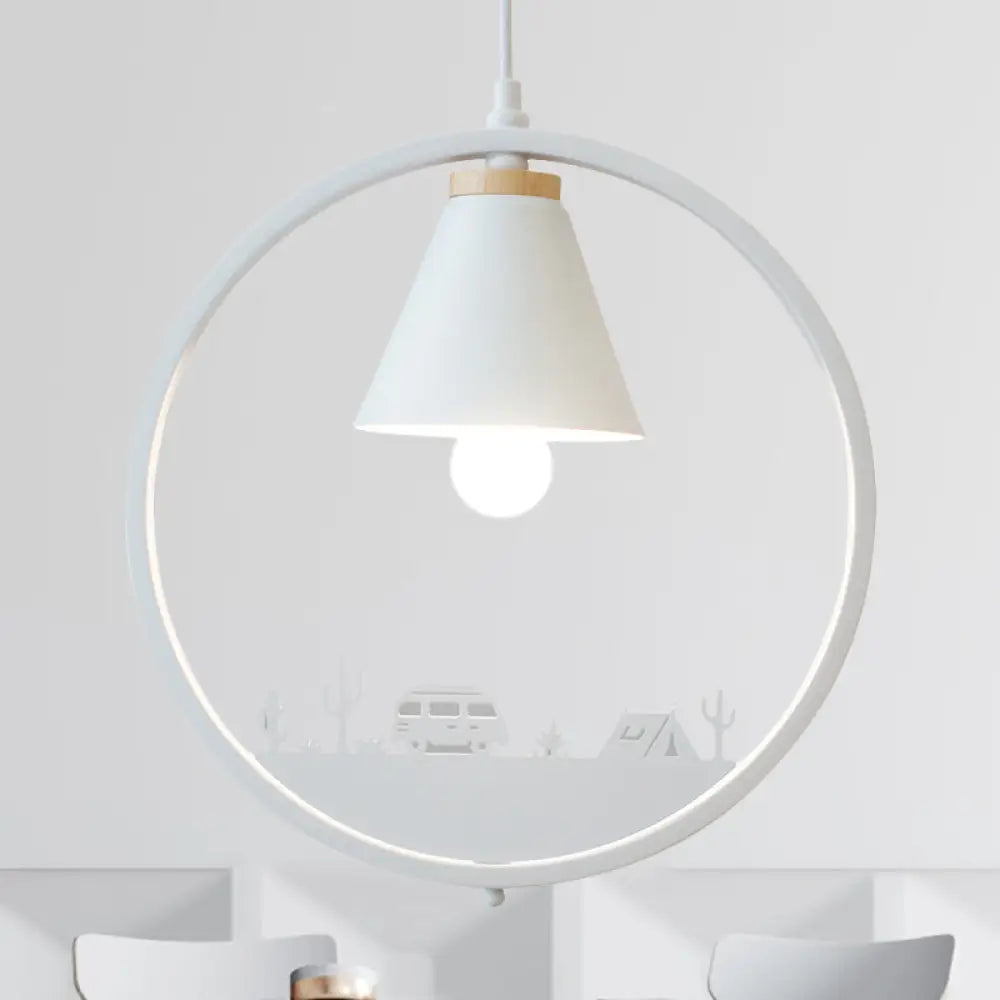Nordic Style Pendant Lamp With Iron Cone Shade & Paper Cutting Decoration- Black/White 1 Bulb White