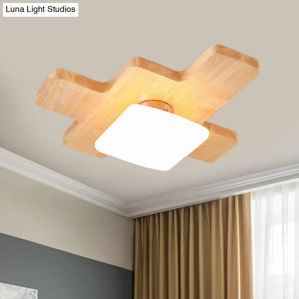 Nordic Wood Led Flush Light - Jigsaw Puzzle Ceiling Mount For Family Room With Acrylic Shade