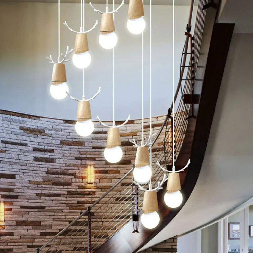 Nordic Wooden Antler Pendant Light With Bare Bulb Design – Ideal For Stairs And Ceilings 9 / White