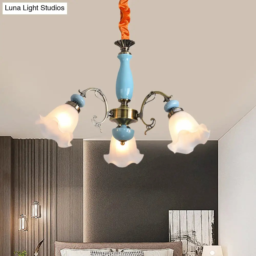 Opal Glass Ceiling Chandelier With Flower Design - Traditional 3/5 Heads Light Blue/Pewter