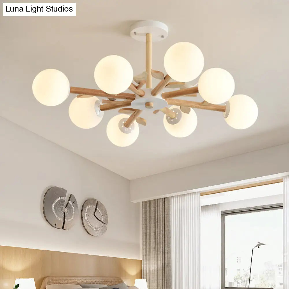 Opal Glass Globe Chandelier: Modern Living Room Pendant Light In Wood
