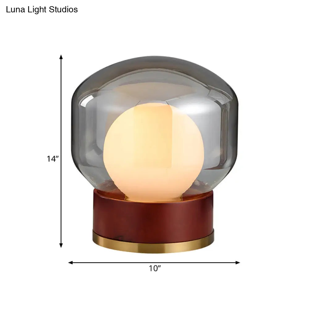 Opal Glass Globe Night Light With Wood Base - Countryside Bedroom Table Lamp In Brown
