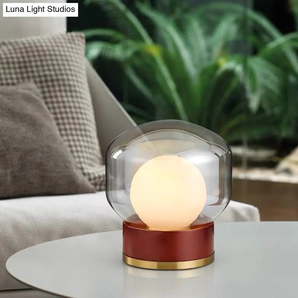 Opal Glass Globe Night Light With Wood Base - Countryside Bedroom Table Lamp In Brown