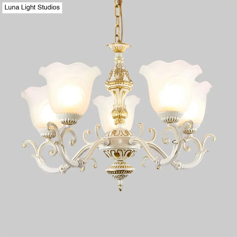 Opaline Glass Flower Ceiling Lamp - Traditional Pendant Chandelier White/Gold 5/7-Light For Drawing