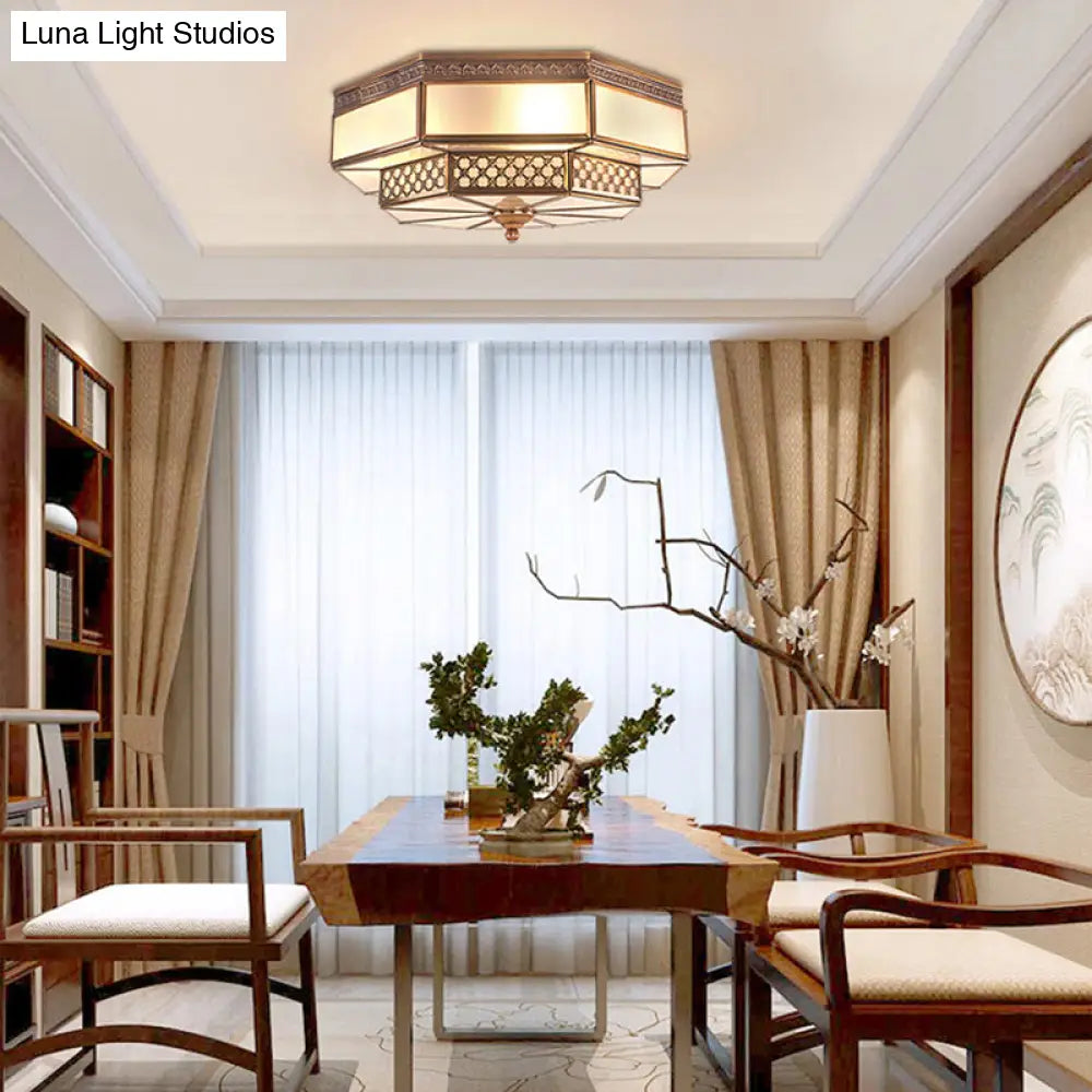 Opaline Glass Octagon Bedroom Flush Mount Light With Colonial Brass Finish - 4 Bulbs Close To