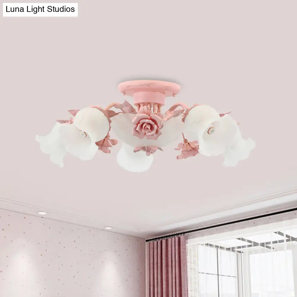 Pastoral Frosted Glass Flush Chandelier: Rose Blossom 7/11 - Head Pink Ceiling Mount Light