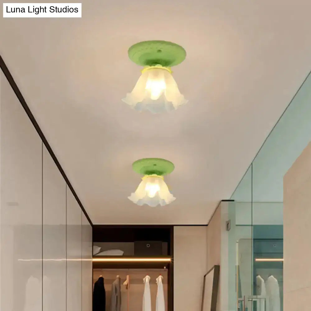 Pastoral Style Floral Flush Ceiling Light - White/Green/Pink Frosted Glass Single Bulb Mounted Lamp