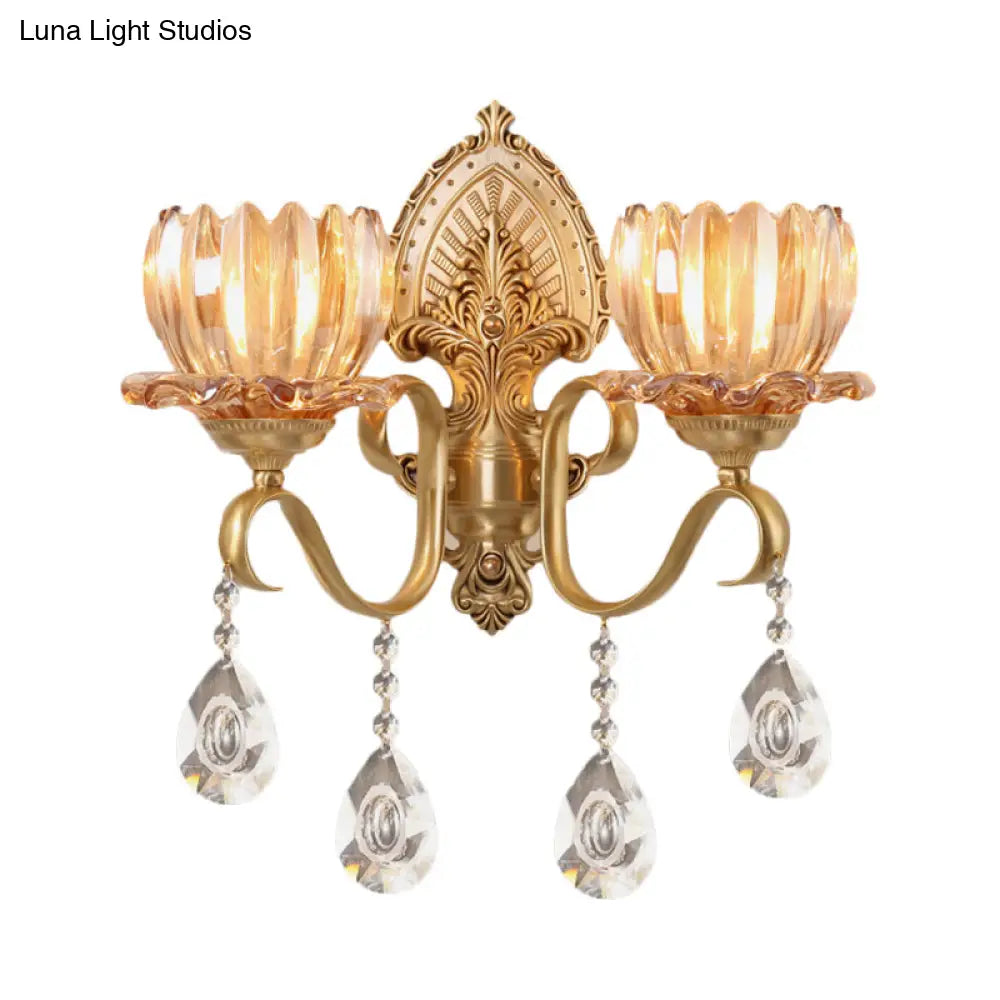 Petal Wall Mount Amber Glass Bedroom Lighting With Crystal Deco - Modern Design In Brass
