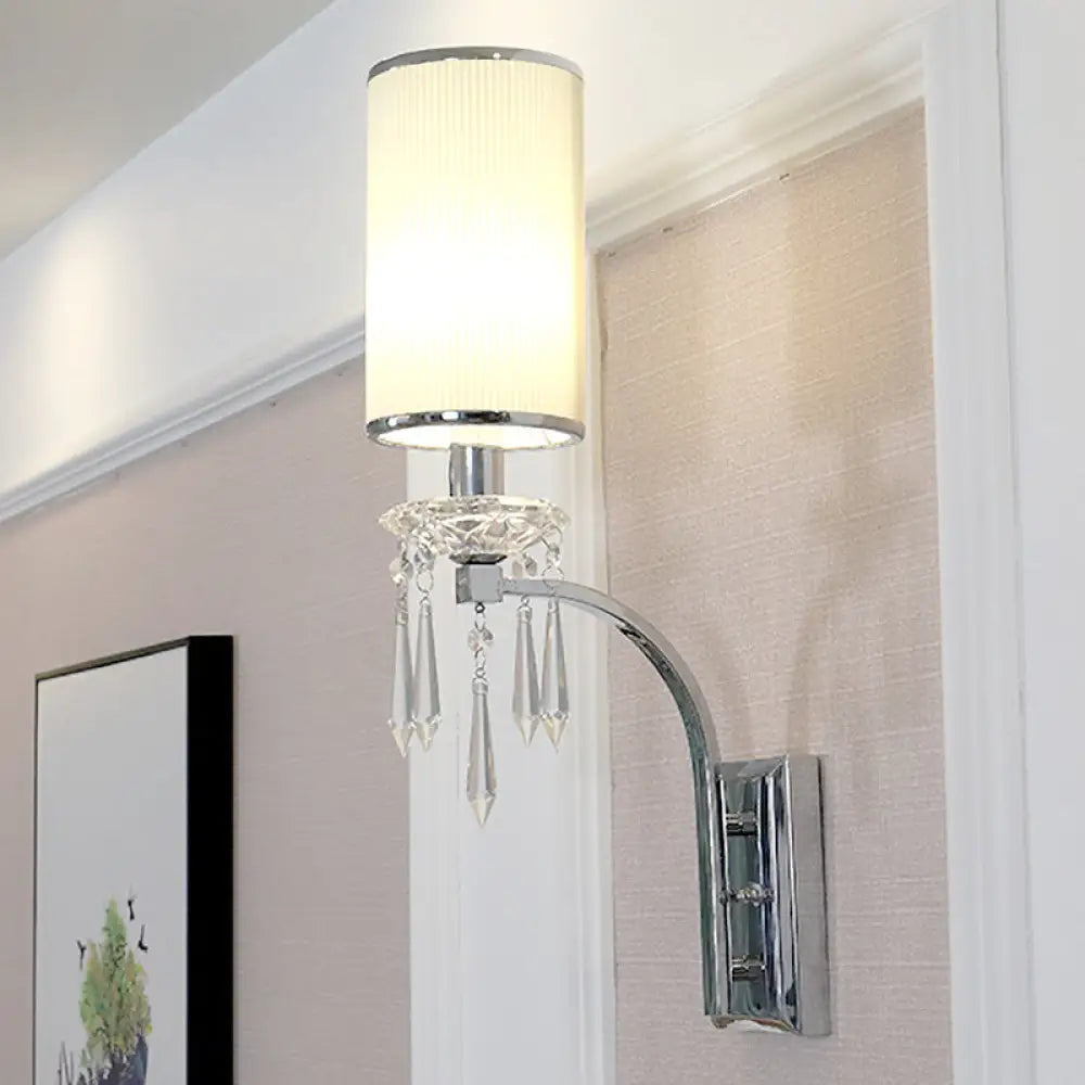 Pillar Wall Mounted Sconce Light In Chrome With Ribbed Fabric Shade - Ideal For Living Room