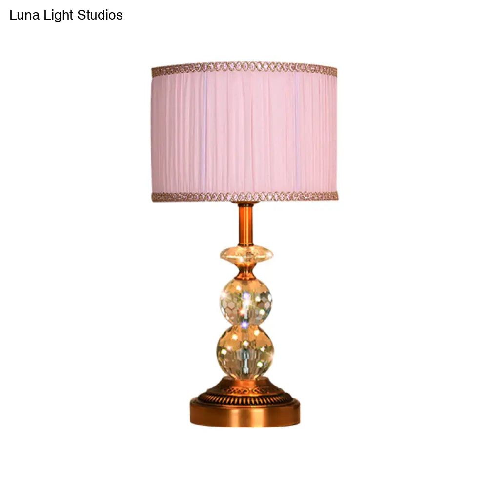 Pink Pleated Fabric Nightstand Lamp With Crystal Orbs: Traditional Design In Pink/White/Coffee Shade