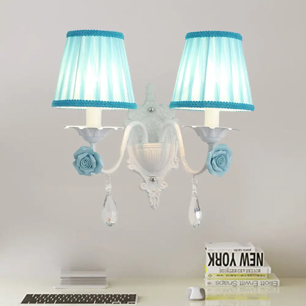 Pleated Fabric Wall Sconce: Pastoral Pink/Blue Bedside Light With Rose Decor 2 / Blue