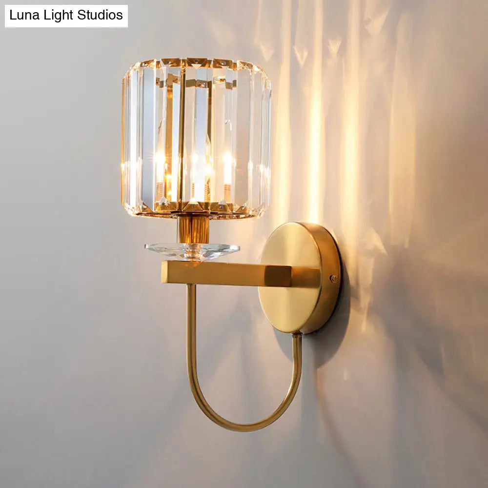 Postmodern Gold Cylindrical Crystal Wall Sconce With Curved Arm