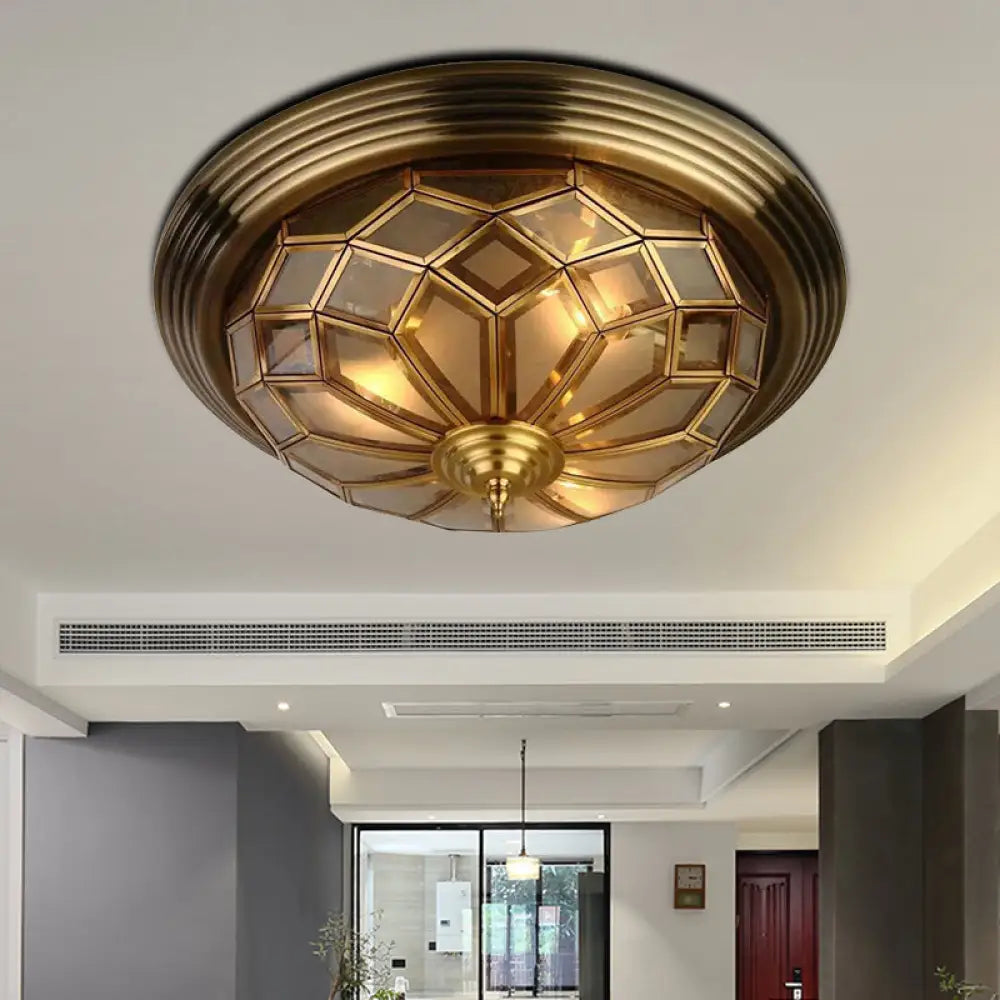 Prismatic Frosted Glass Flush Light Fixture - 3/4 Lights Bedroom Lighting In Brass 14 - 18’ Wide
