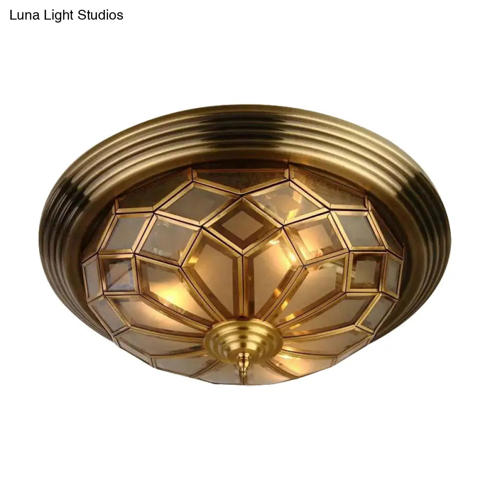 Prismatic Frosted Glass Flush Light Fixture - 3/4 Lights Bedroom Lighting In Brass 14 - 18’ Wide