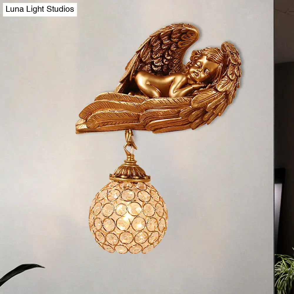 Resin 1-Head Dark Gold Wall Mounted Lamp With Globe Faceted Crystal Shade - Sleeping Angel Hallway