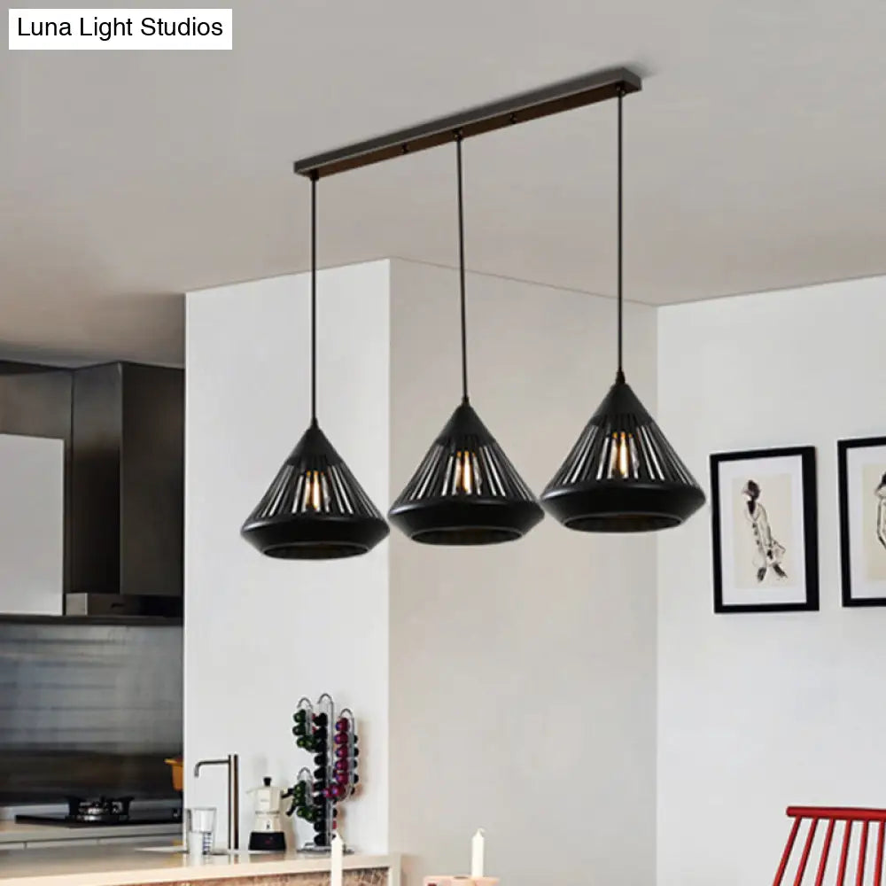 Retro 3-Head Diamond Iron Pendant Light With Black Canopy