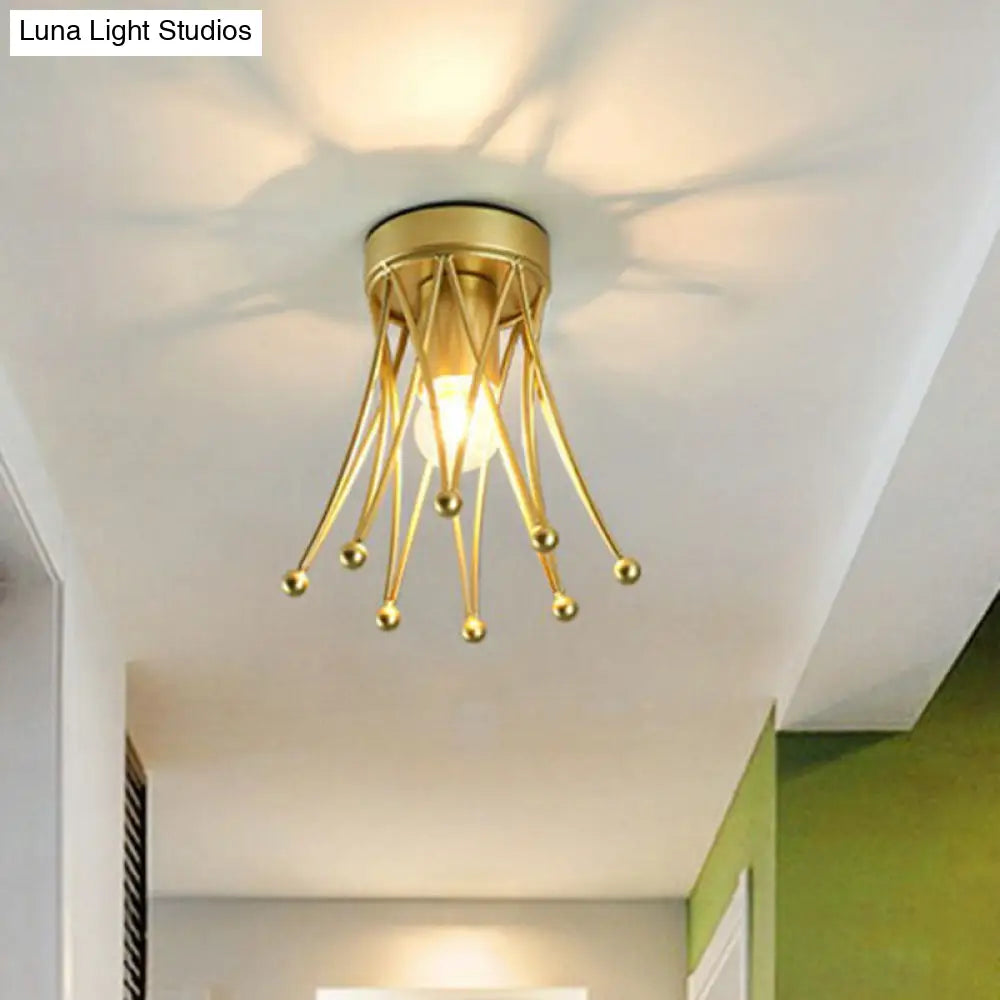 Retro Crown Iron Semi Flush Mount Lighting In Gold For Corridor