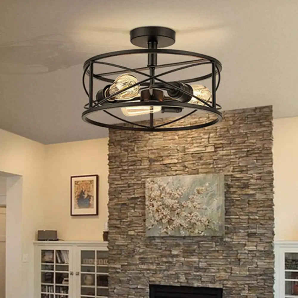 Retro Industrial Wrought Iron Ceiling Light With Black Frame / Drum