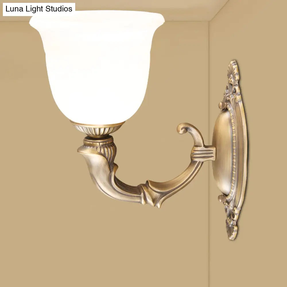 Retro Ivory Glass Bell Wall Lamp - Bronze 1-Bulb Sconce Light Fixture For Aisle