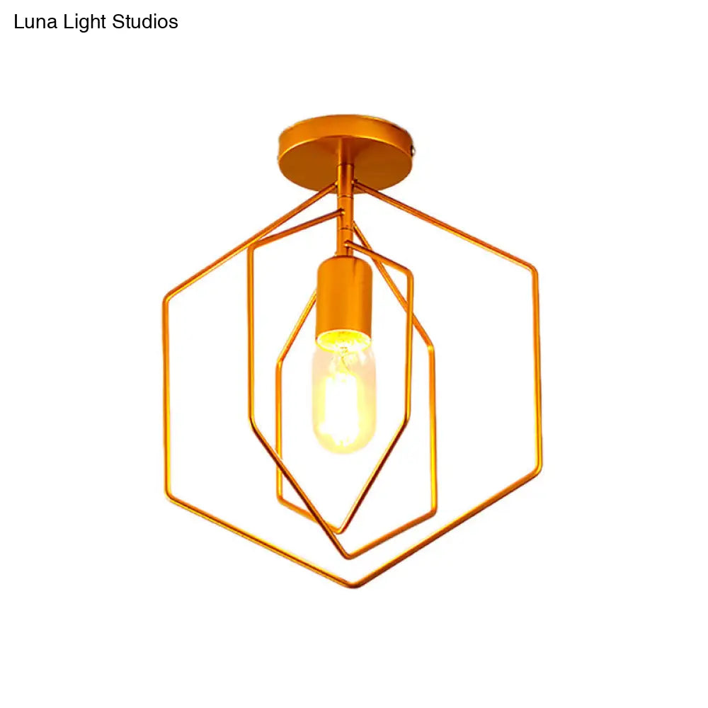 Retro Loft Gold Metal Hexagon Semi Flush Pendant Light For Living Room