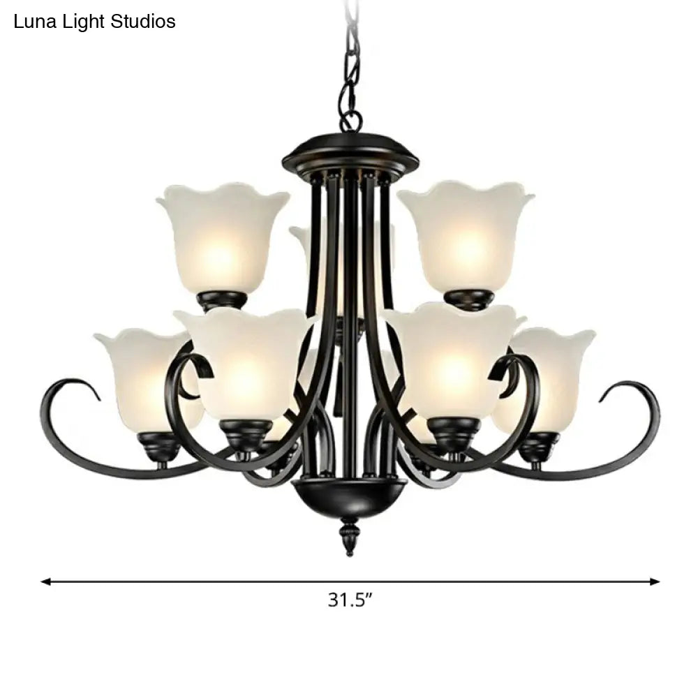 Retro Opal Frosted Glass Flower Chandelier In Black Finish: Elegant Hanging Light For Living Room