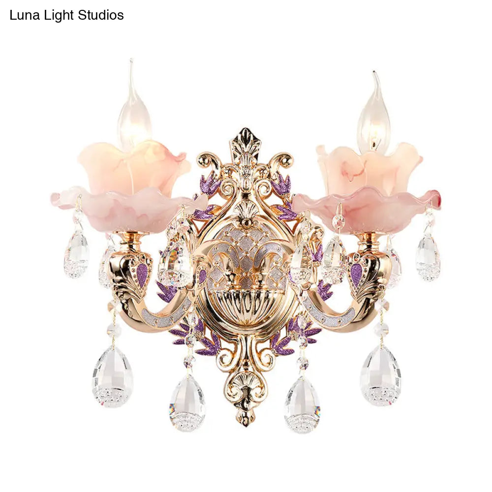 Retro Pink Glass Wall Lamp With Gold Floral Ruffle Design - Elegant Living Room Light Fixture