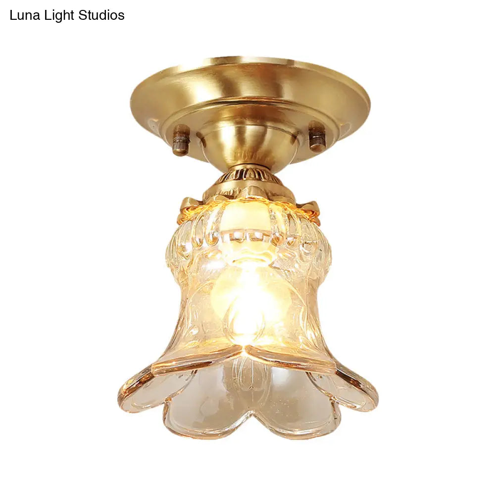 Retro Style Amber Glass Flush Mount Lamp: Single Light Ceiling Fixture With Brass Accents