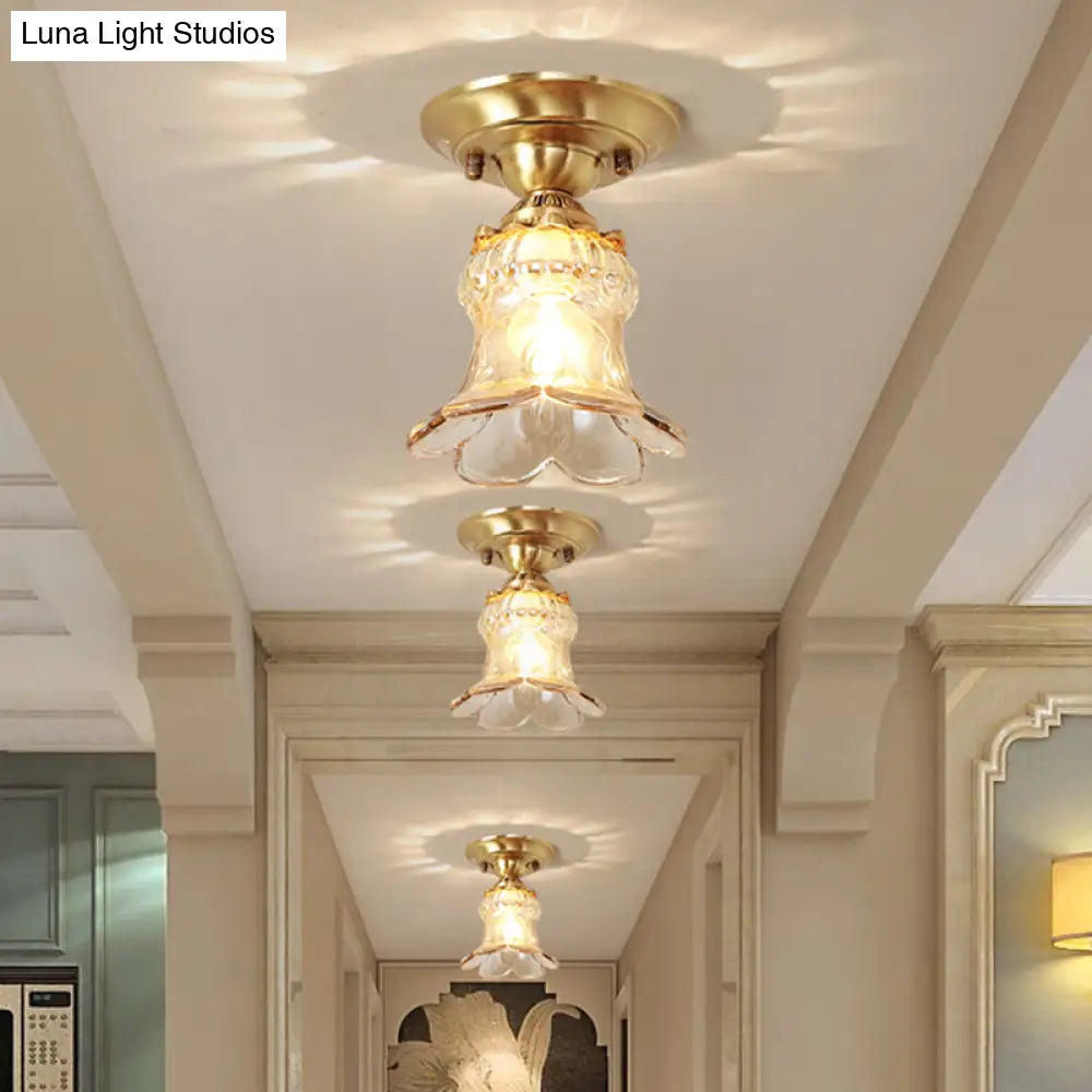 Retro Style Amber Glass Flush Mount Lamp: Single Light Ceiling Fixture With Brass Accents