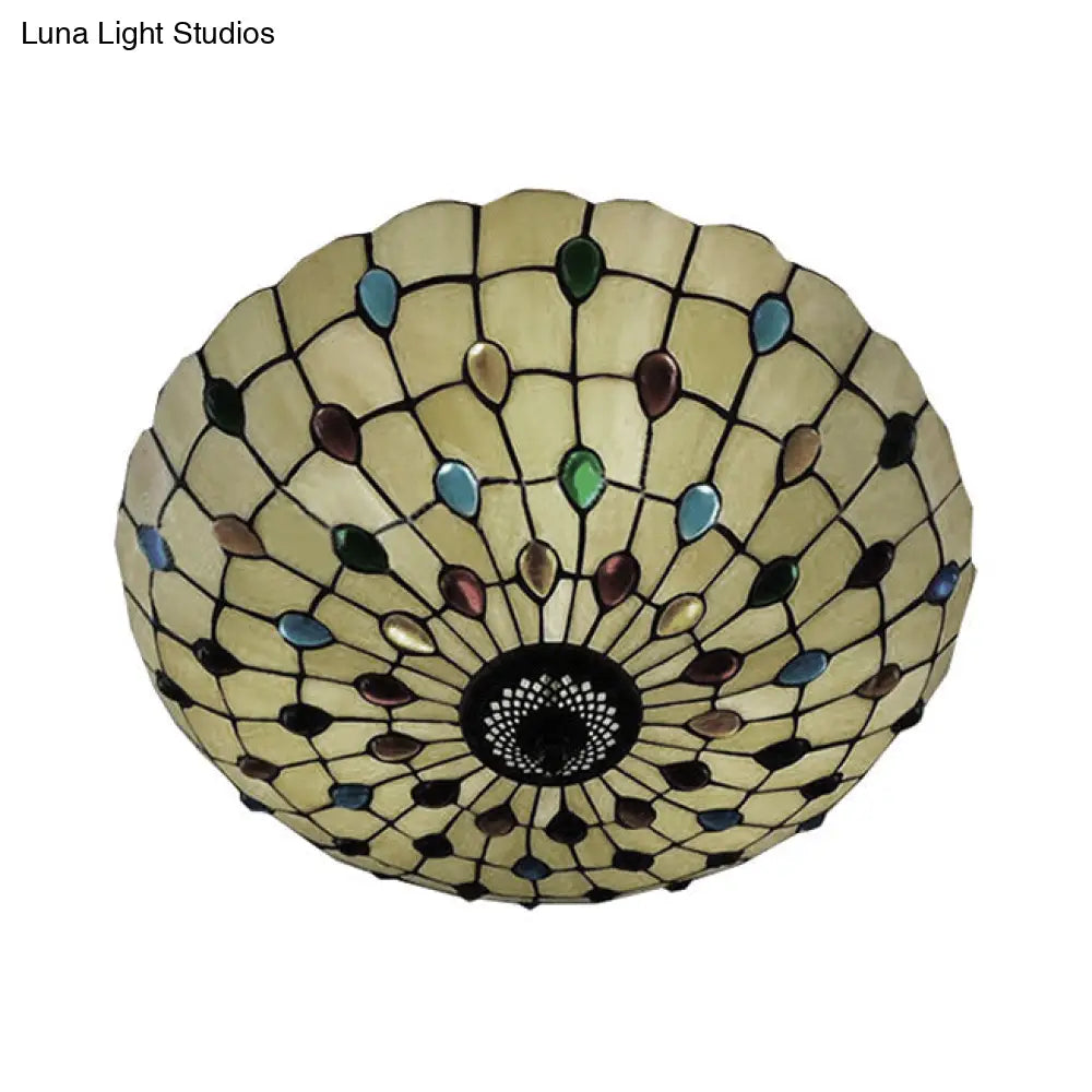 Retro Style Stained Glass Ceiling Light - Wide Bowl Design 12/16/19.5-Inch Flushmount