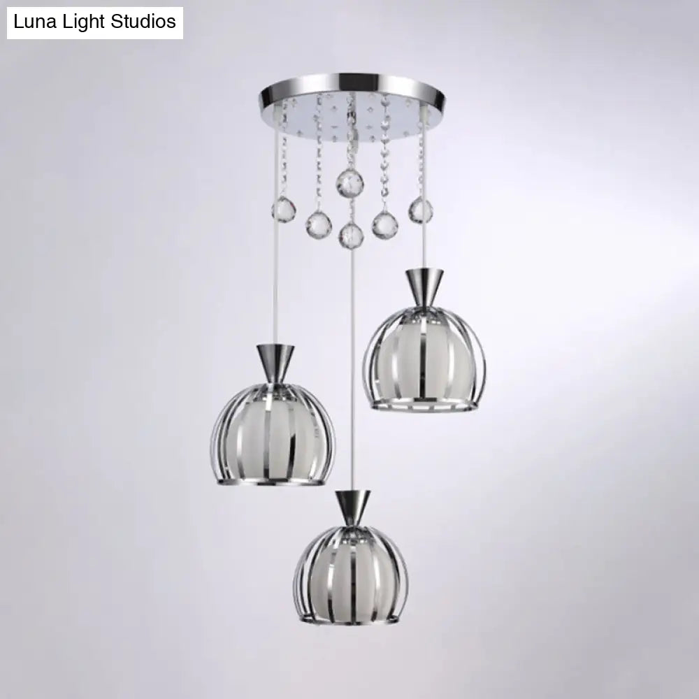 Retro Stylish Domed Cage Hanging Lamp - 3 Metal Pendant Lights With Clear Crystal Ball Deco In
