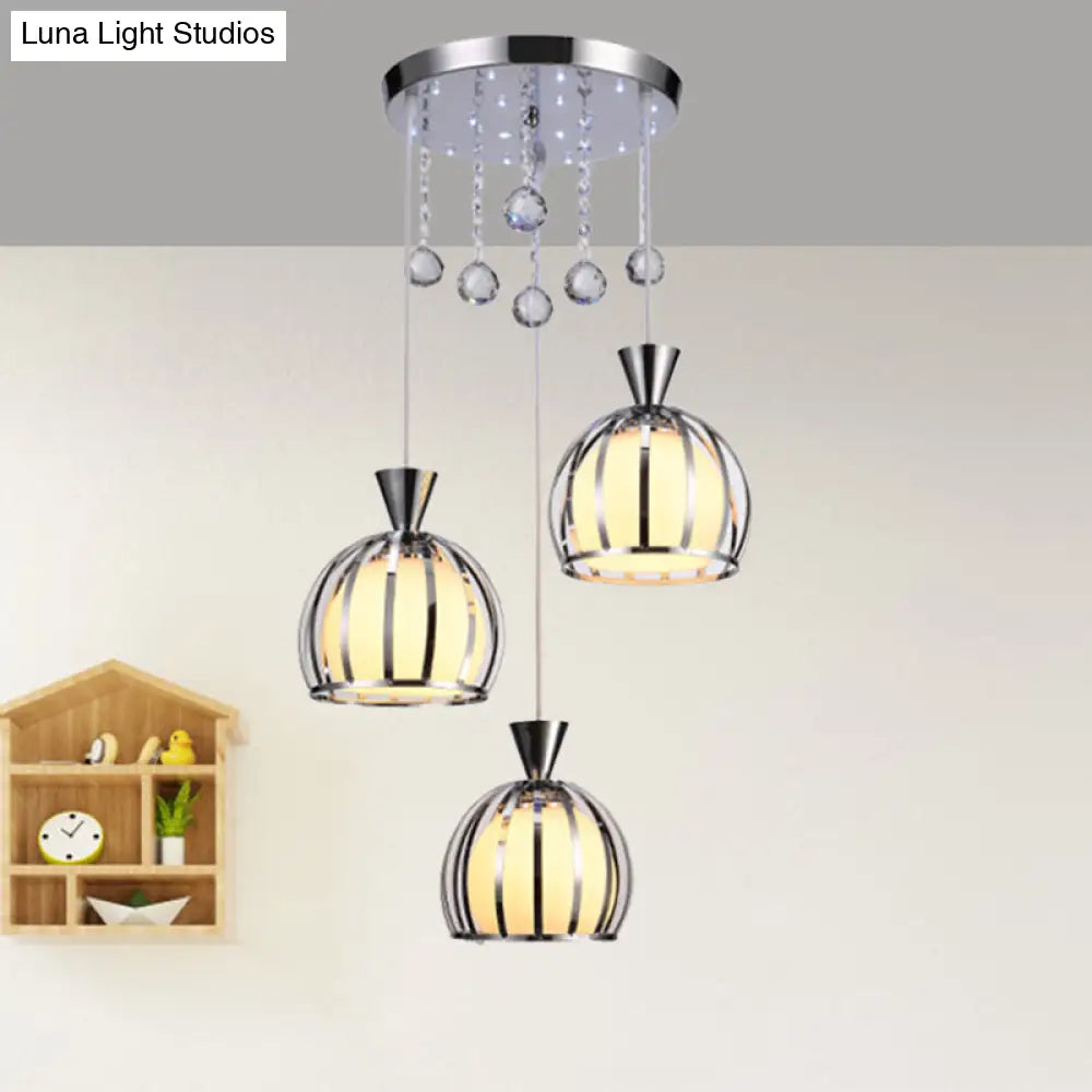 Retro Stylish Domed Cage Hanging Lamp - 3 Metal Pendant Lights With Clear Crystal Ball Deco In