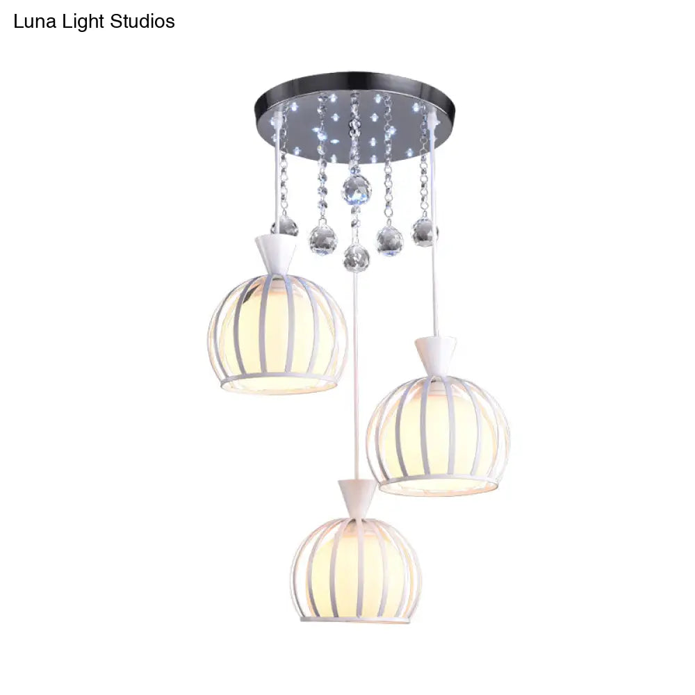 Retro Stylish Domed Cage Hanging Lamp - 3 Metal Pendant Lights With Clear Crystal Ball Deco In