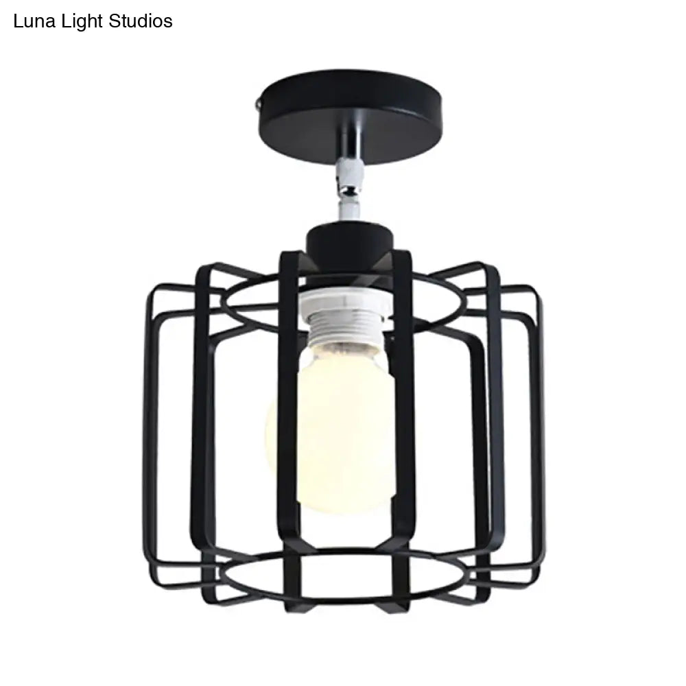 Retro Vintage Metal Cylinder/Drum Cage Semi-Flush Ceiling Light - Black Semi Flush Fixture With