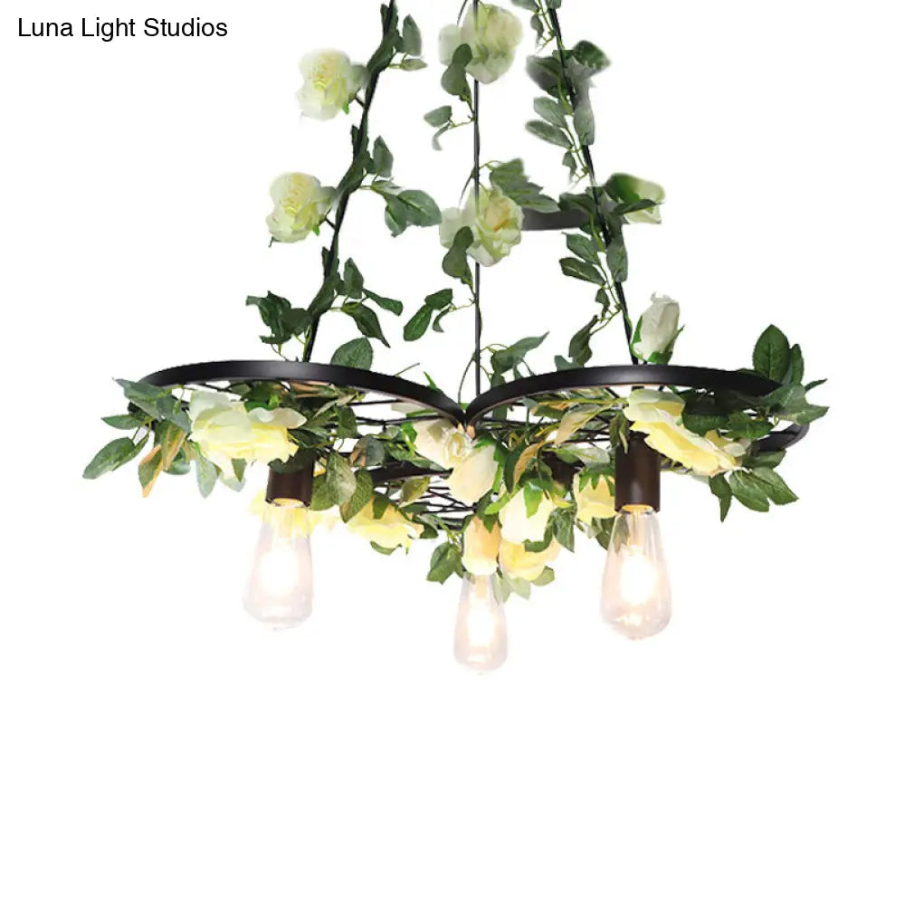 Retro Wheel Iron Chandelier Pendant Light With Plant Decor - Black 3/6 Heads