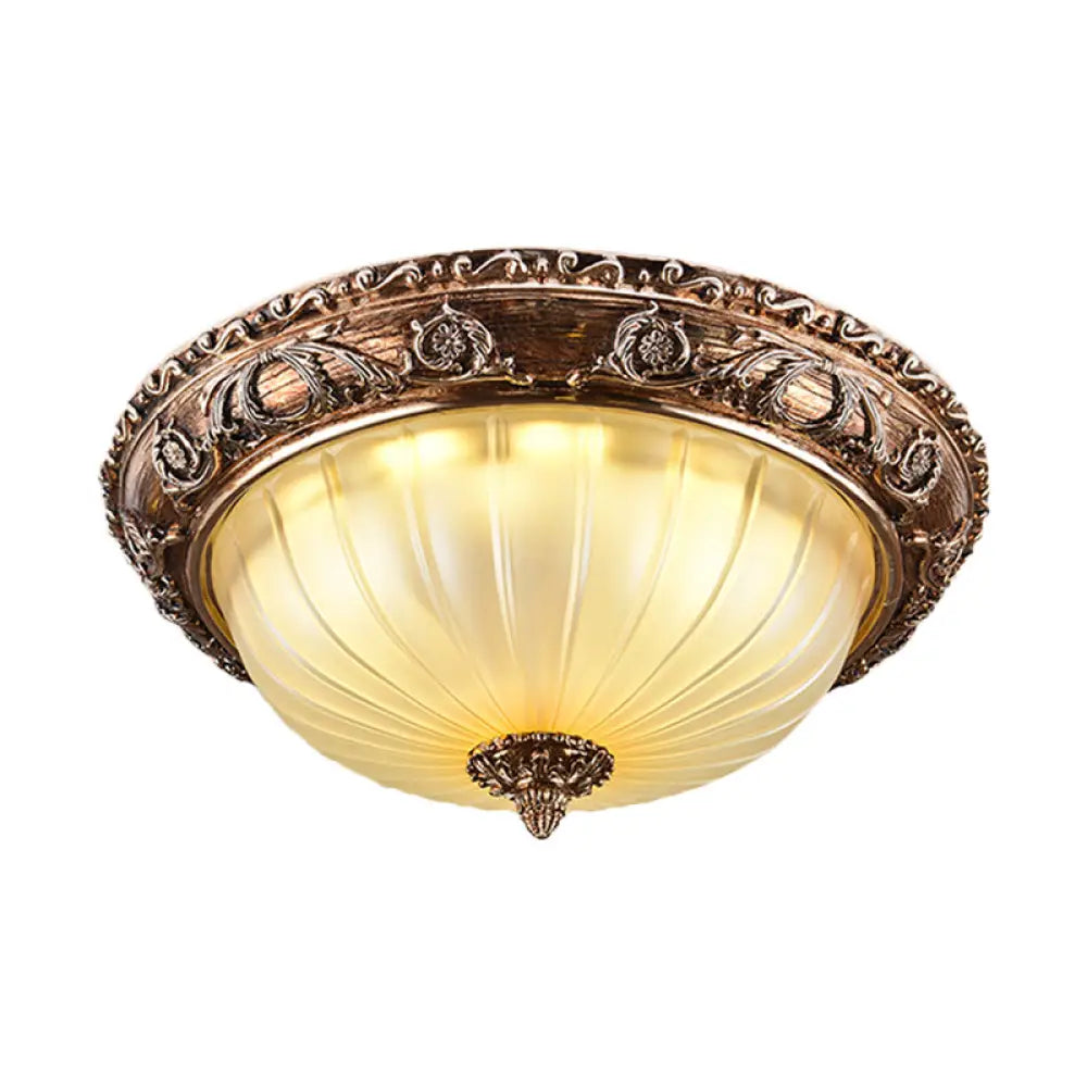 Ribbed Frosted Glass Led Flush Mount Ceiling Light In Traditional Brown - 14/16/19.5