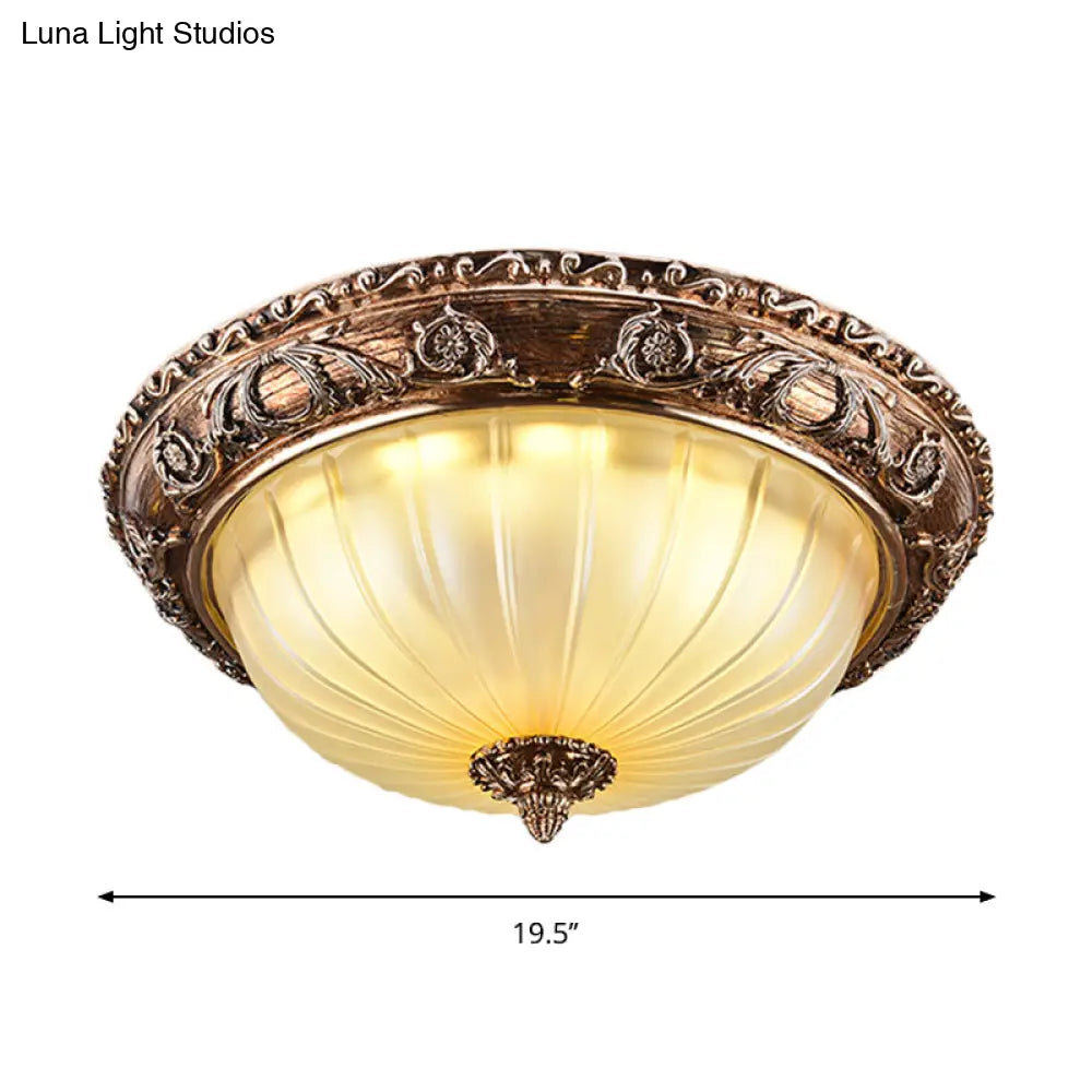 Ribbed Frosted Glass Led Flush Mount Ceiling Light In Traditional Brown - 14’/16’/19.5