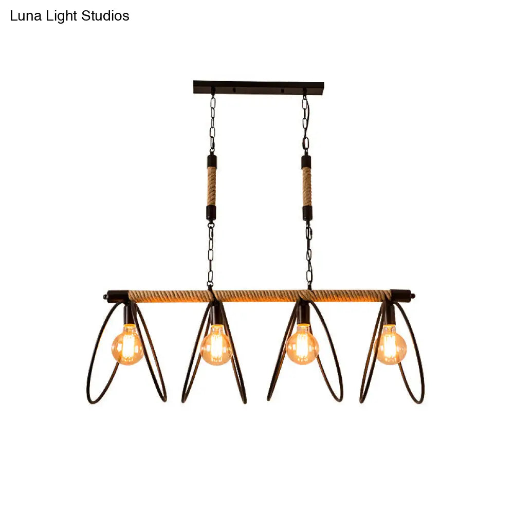 Rijl Al Awwa - Open 4 Lights Rope Chandelier Factory Black Finish Bulb Restaurant Pendant Light