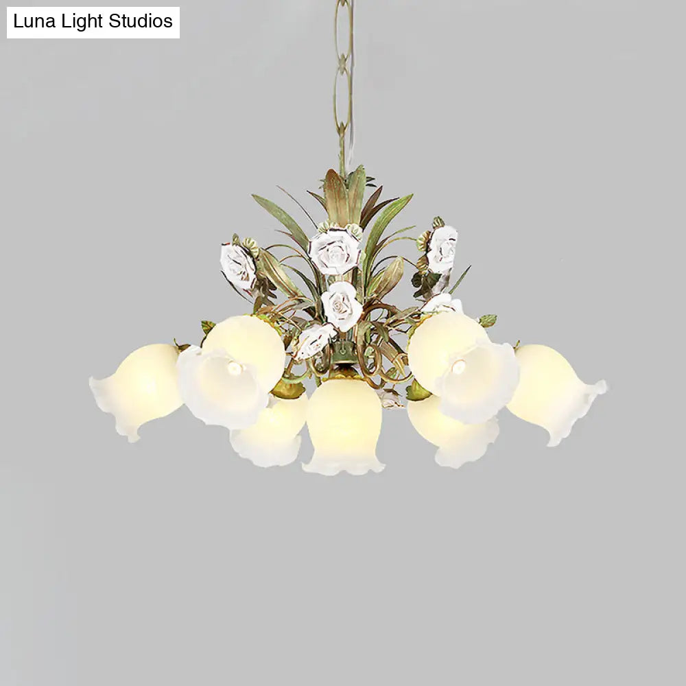 Romantic Cream Glass Green Chandelier With Flower Design - Perfect Lighting Fixture For Living Room