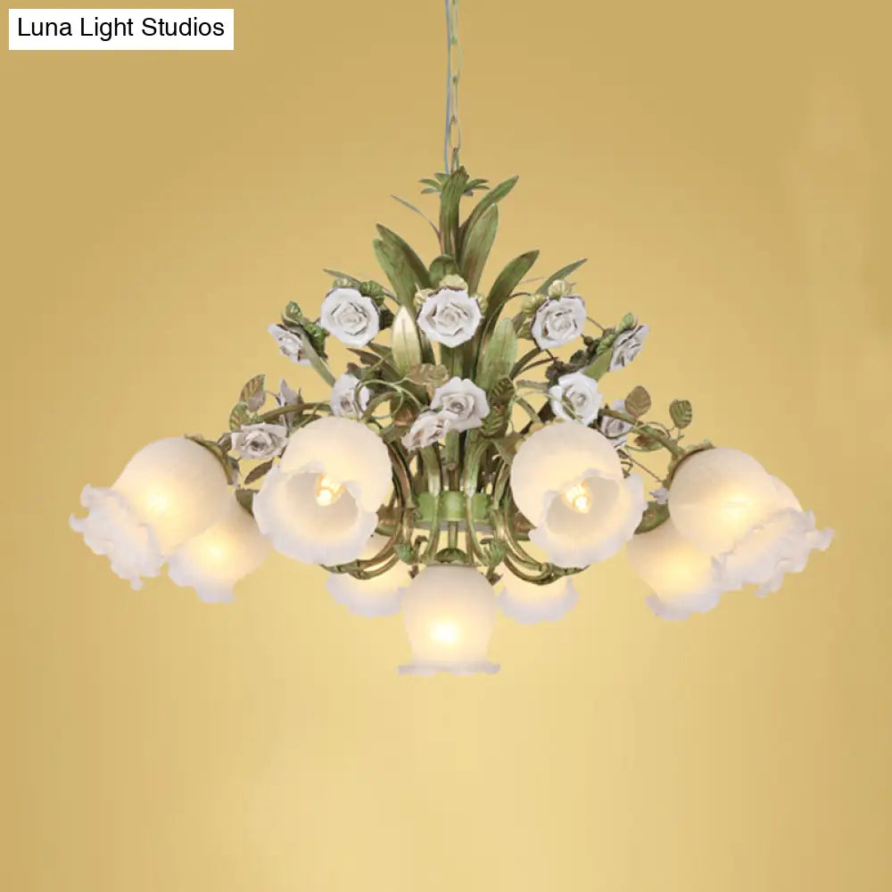 Romantic Cream Glass Green Chandelier With Flower Design - Perfect Lighting Fixture For Living Room