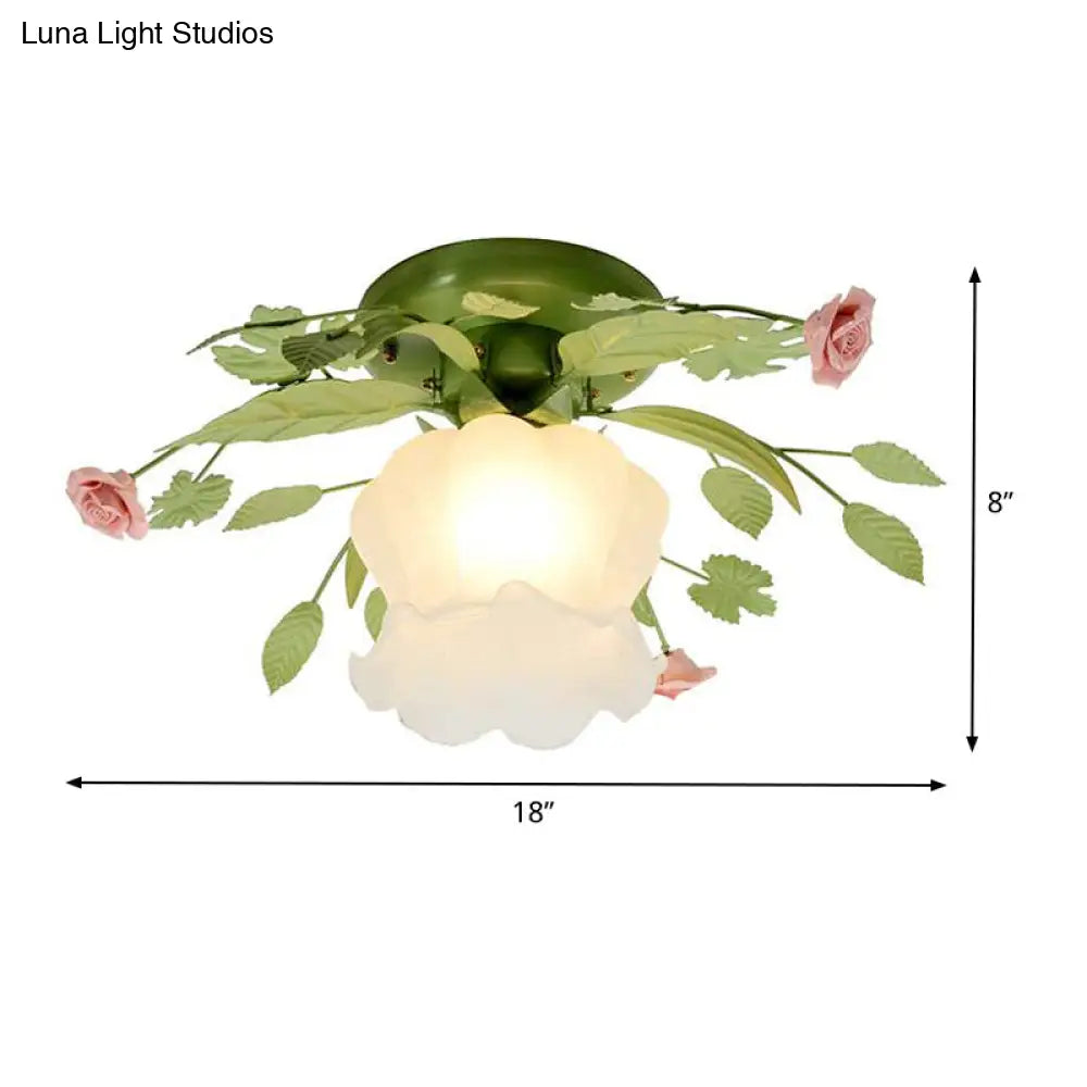 Romantic Green Floral Ceiling Light Fixture With 1/3/5 Metal Heads For Living Room Flush Mount