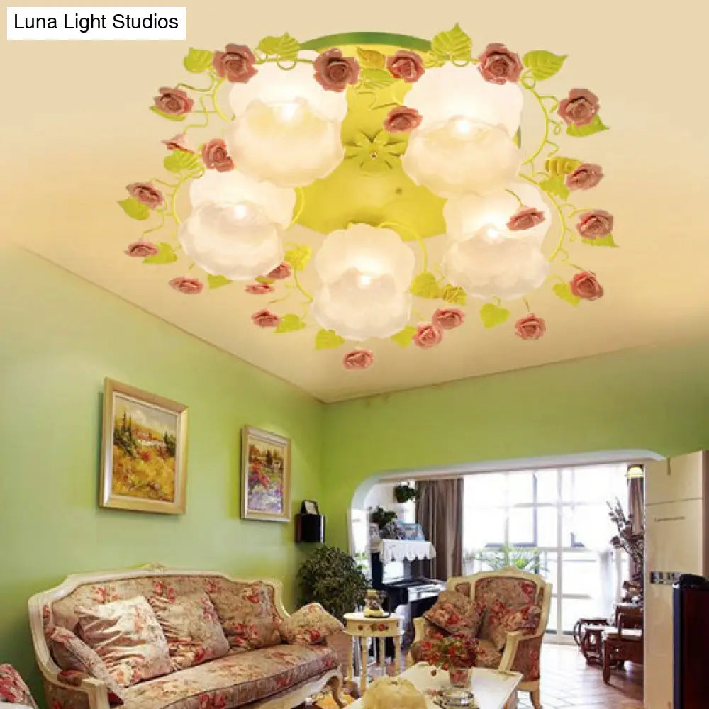 Romantic Green Floral Ceiling Light Fixture With 1/3/5 Metal Heads For Living Room Flush Mount