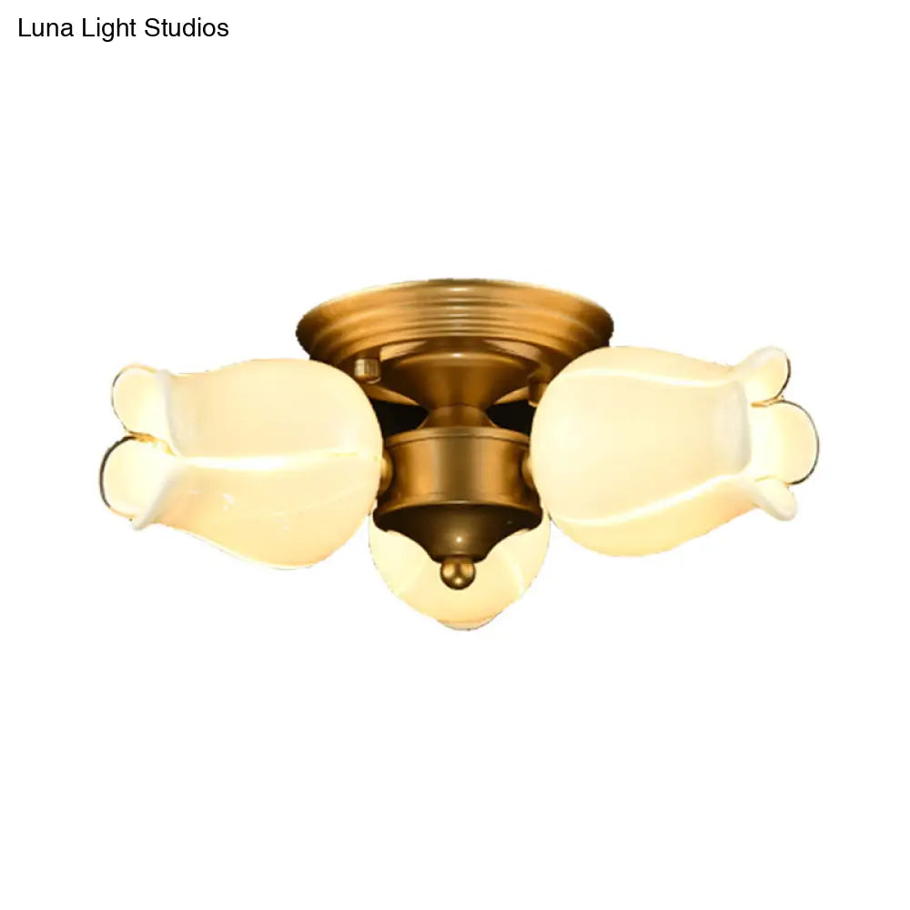 Romantic Pastoral Brass Ceiling Light Fixture With 3 Lily/Tulip Heads And Led Semi Mount For Living