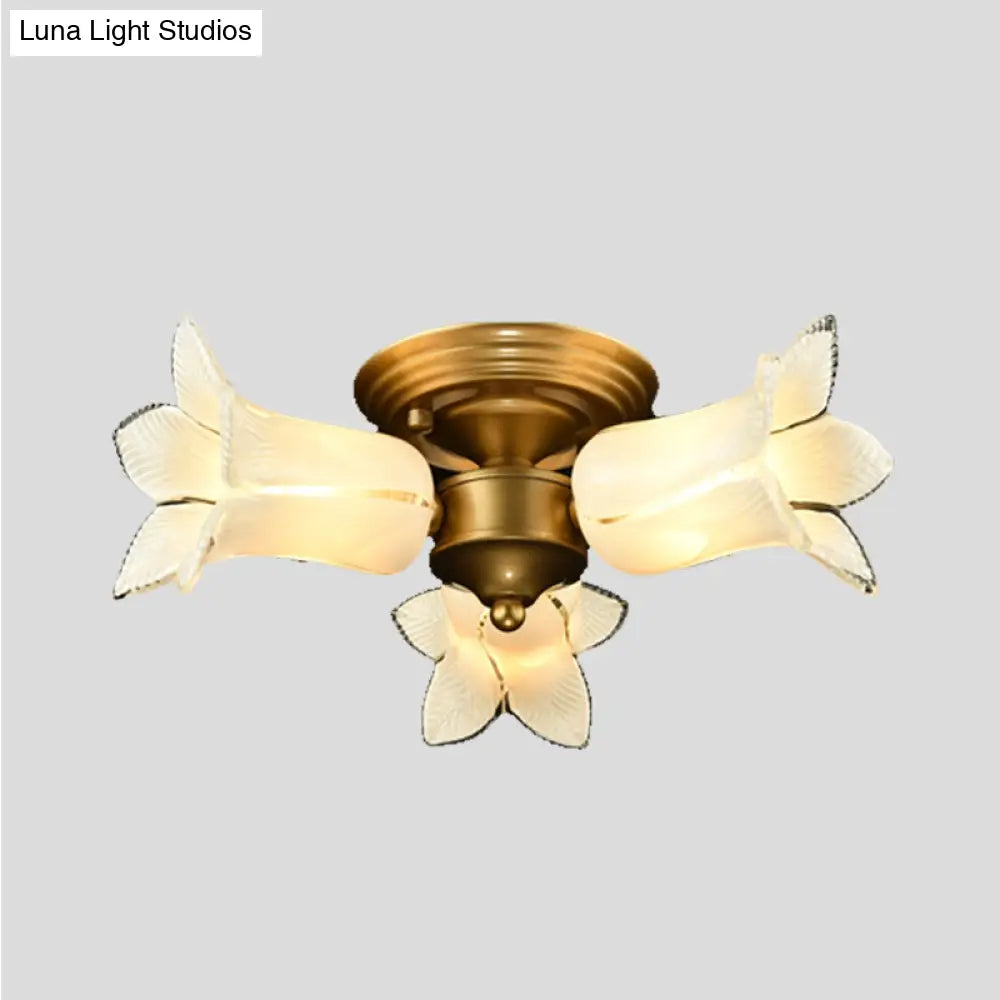 Romantic Pastoral Brass Ceiling Light Fixture With 3 Lily/Tulip Heads And Led Semi Mount For Living