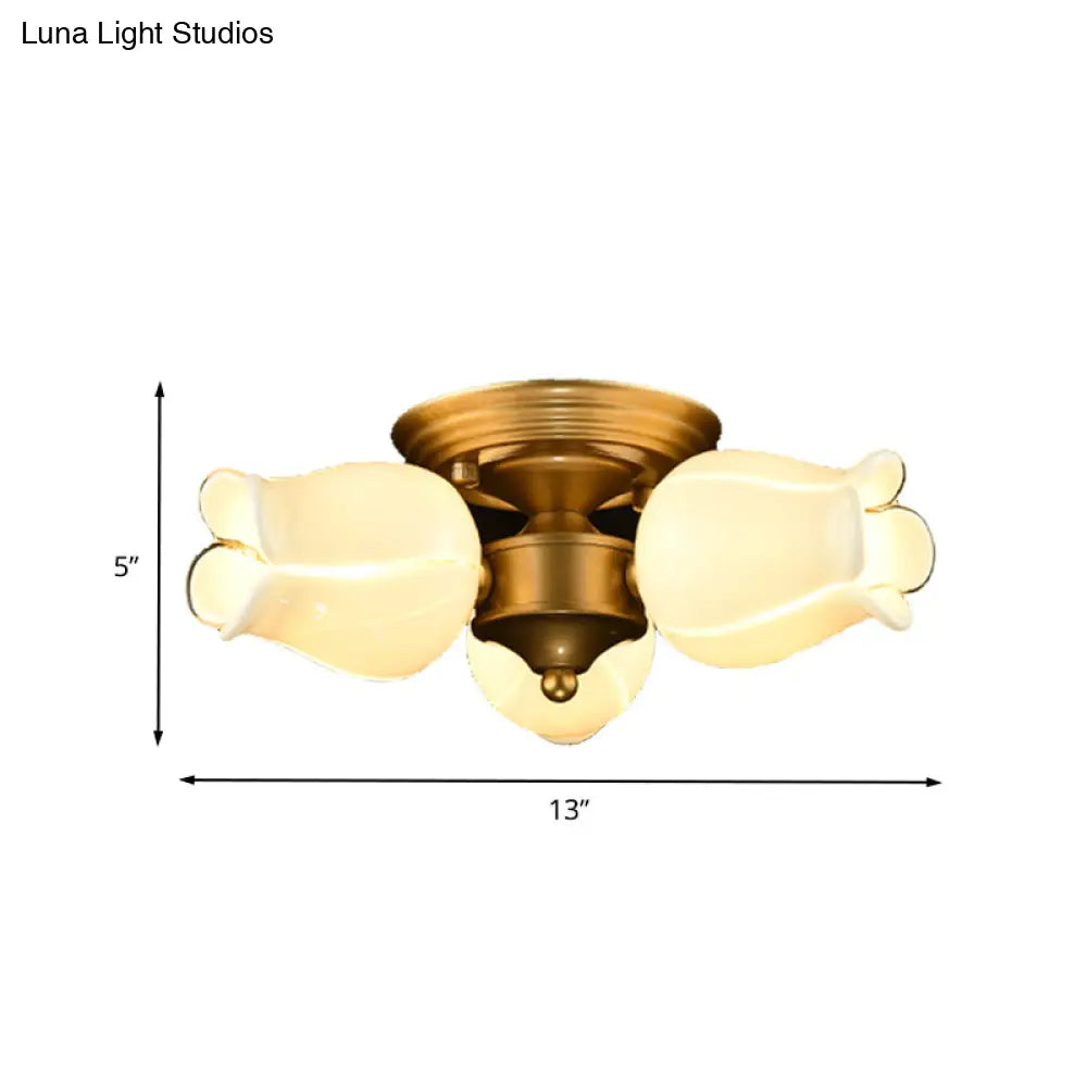 Romantic Pastoral Brass Ceiling Light Fixture With 3 Lily/Tulip Heads And Led Semi Mount For Living