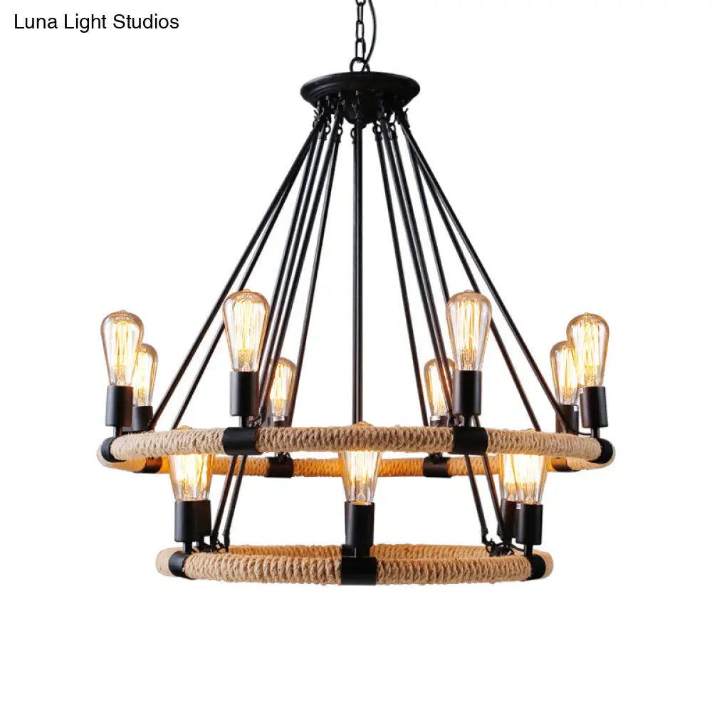 Rope-Wrapped Circle Pendant Light With Multiple Bulbs In Black And Brown