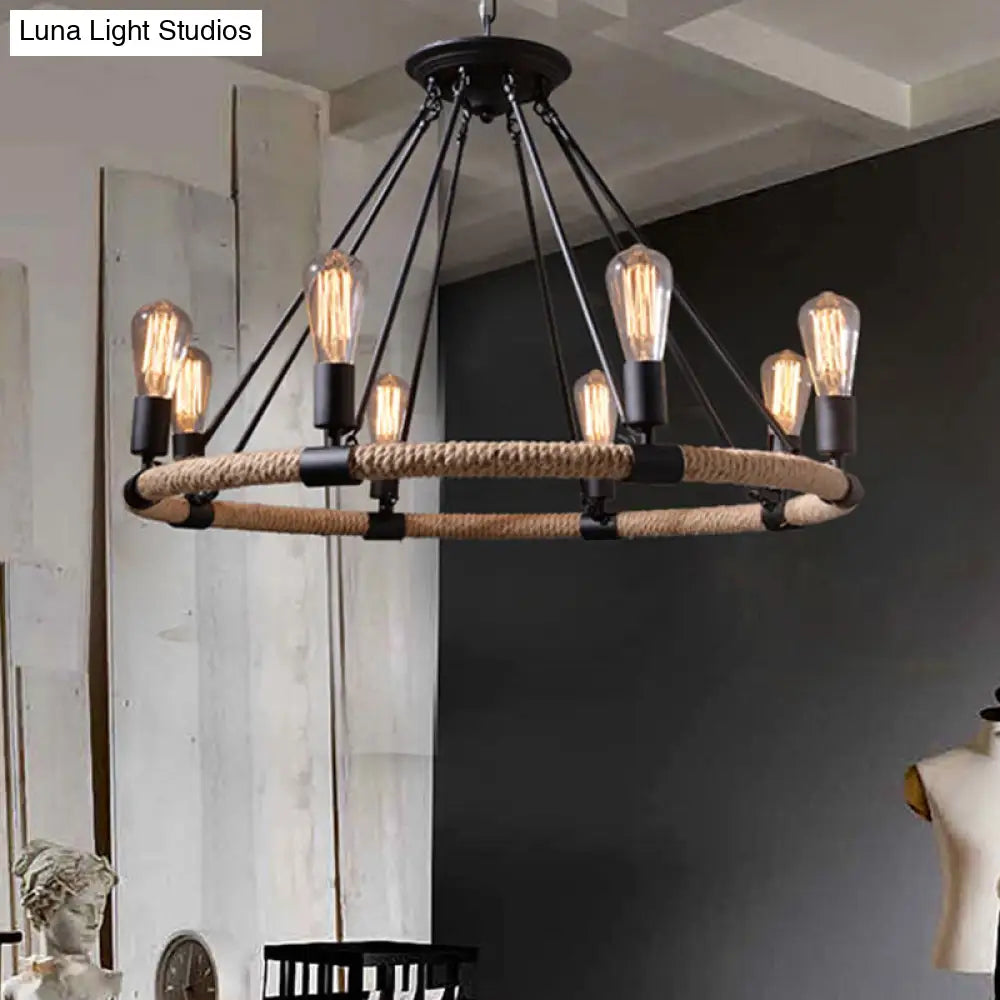 Rope-Wrapped Circle Pendant Light With Multiple Bulbs In Black And Brown